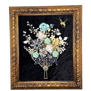 Vintage Jewelry Art FLOWERS IN VASE in Wood Frame 11" x 9 1/2"